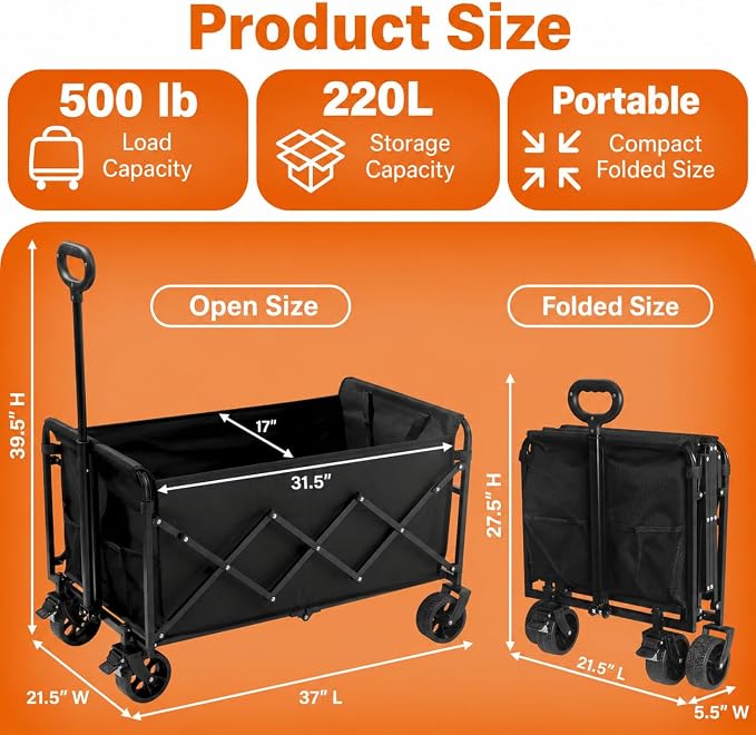 Wagons Carts Foldable, 500 lb 220L Collapsible Wagon with Brakes | Heavy folding wagon for groceries, camping, beach, outdoor hauling; large storage, brake control and compact folding design