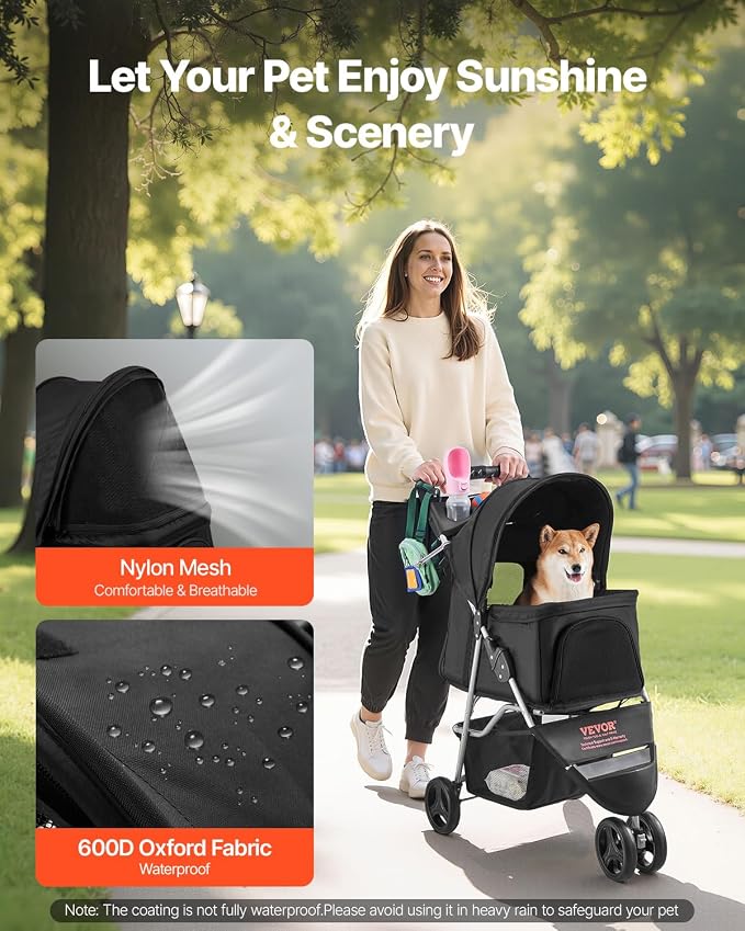 VEVOR Pet Stroller, 35 lbs Weight Capacity, Foldable Dog Cart, 3 Wheels Cats Carts with Mesh Windows and Cup Holders, Portable Pet Carrier Stroller with Brake, for Small to Medium Pets