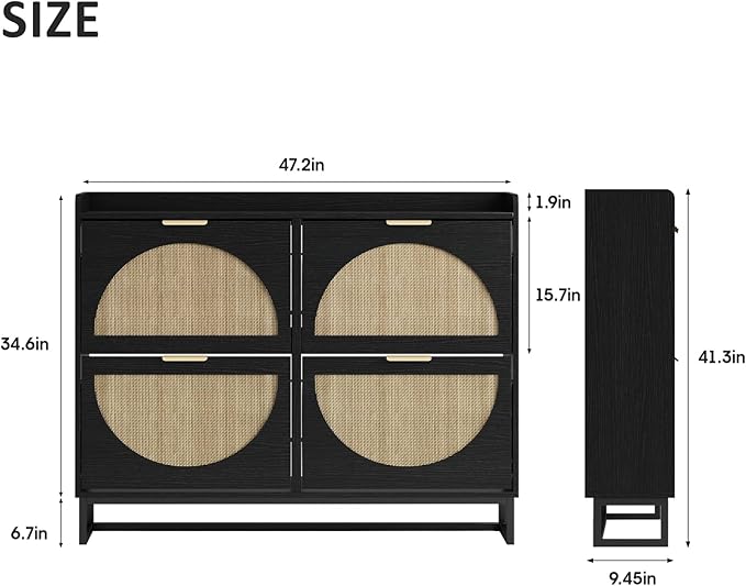 Maupvit Large Rattan Shoe Storage Cabinet with 4 Flip Drawers, Freestanding Shoe Organizer with Metal Legs for Entryway, Hidden Golden Handles, Narrow Shoe Rack Cabinet, Black