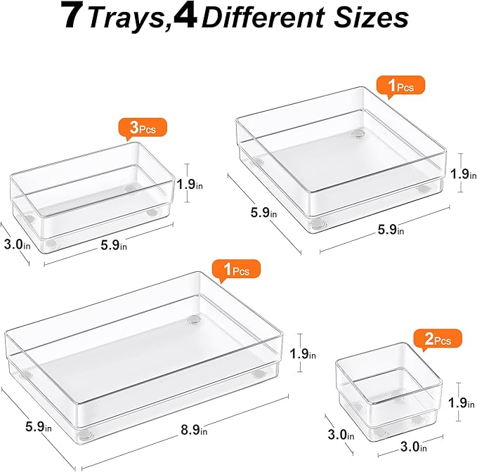 SMARTAKE 7 PCS Drawer Organizer, 4-Size Desk Drawer Organizer Trays | Storage Tray with Non-Slip Silicone Pads for Makeup, Jewelries, Utensils in Bedroom Dresser, Office and Kitchen (Clear)