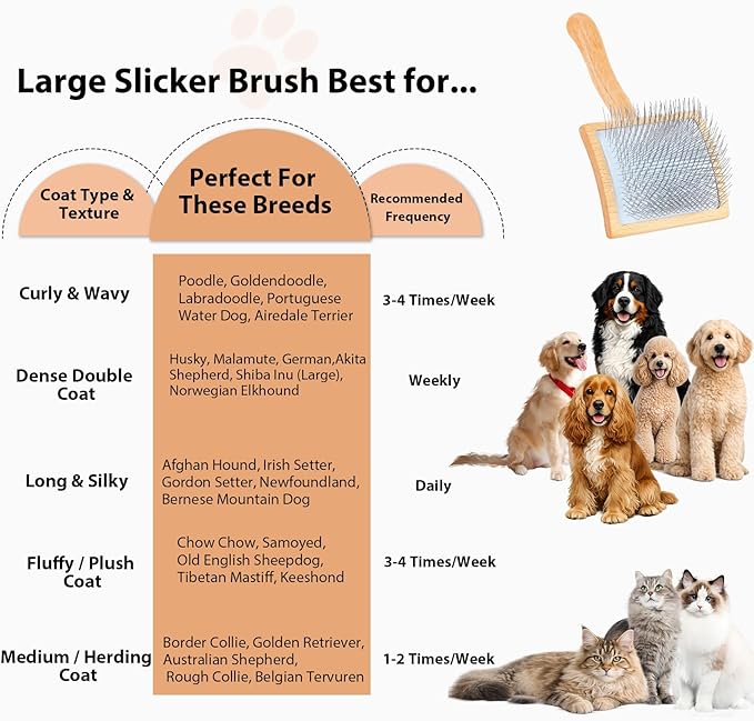 Dog Slicker Brush for Goldendoodles, Poodles & Long Haired Dogs - Long Pin Doodle Brush & Pet Comb Kit Removes Tangles Loose & Knots, Professional Grooming Tools with Wooden Handle, Natural