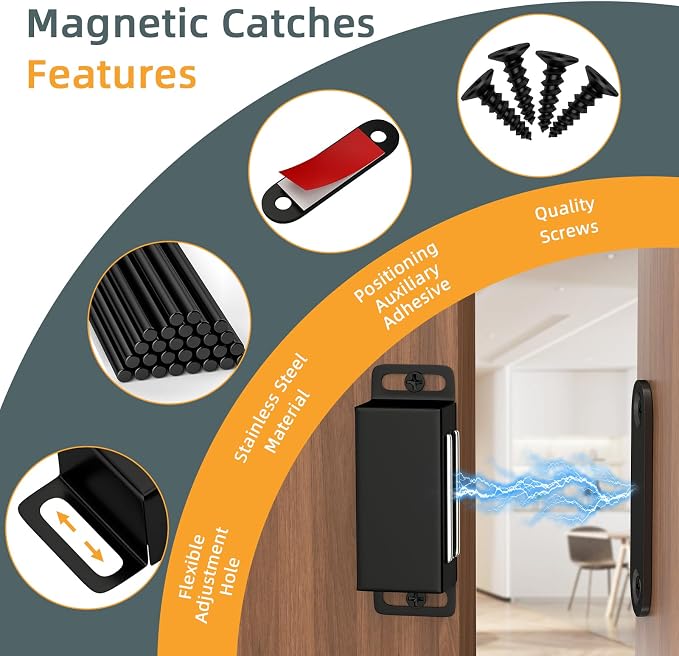Jiayi Magnetic Door Catches 12 Pack Cabinet Door Magnets Black Magnetic Door Latches Catches Cupboard Door Closures for Kitchen Wardrobe Drawer Closet Closing