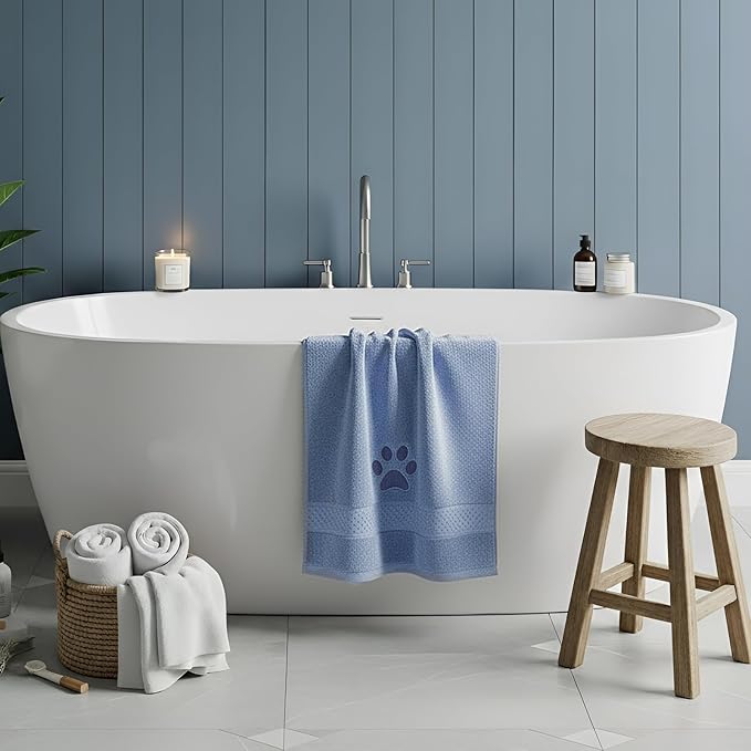 SmoothNovelty 2 Pcs Dog Paw Hand Towels Blue Bathroom Decor 13 x 29 Inch 100% Cotton Embroidered Hand Towels Soft Absorbent Farmhouse for Kitchen Restroom