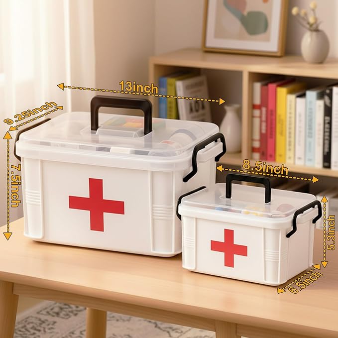 2 Pack Clear Medicine Organizer Box with Handle, Plastic Medicine Container with Tray First Aid Box Empty, Thickened Medicine Storage Organizer Multipurpose Medication Organizer Storage, White