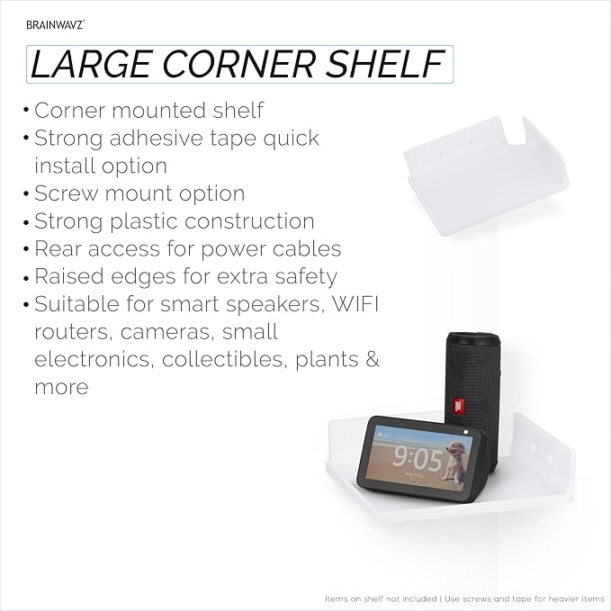 9" Small Corner Shelf Mount, Adhesive & Screw in, for Speakers, Cameras, Baby Monitors, Plants, Books Electronics, Collectibles & More, Floating Shelves (White) by Brainwavz