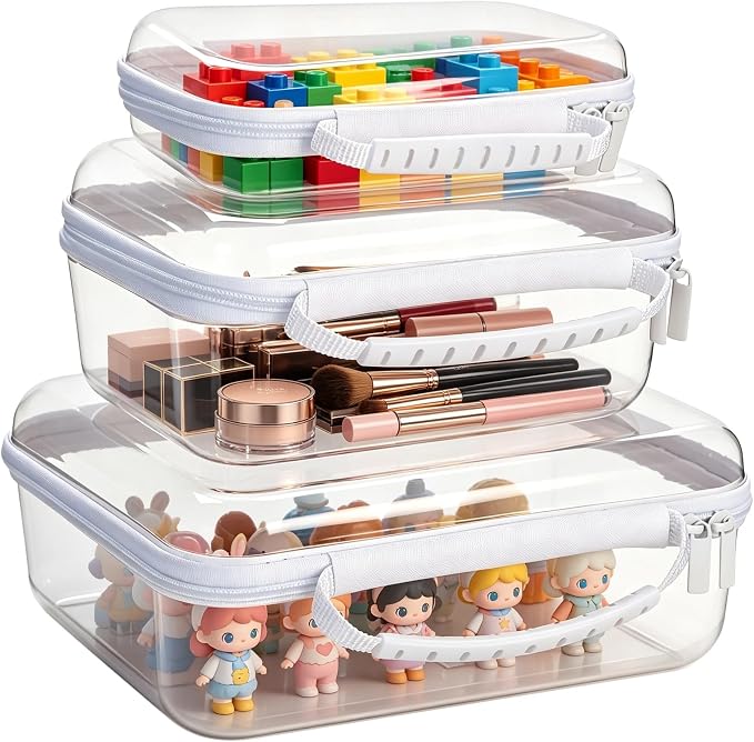 3 PCS Clear Hard Shell Zipper Cases, Transparent Plastic Storage Boxes for Makeup Toiletry Travel, Portable Waterproof PET Organizer Bins, Clear Cosmetic Storage Case Set