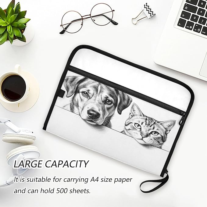Pet Sketch Expanding File Folder with Sticky Labels | 13 Pockets Accordion File Folder Document Organizer Expandable Zip File Folder with Zipper Closure