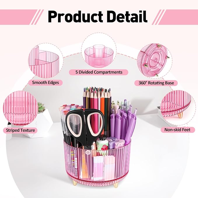 360 Rotating Pen Pencil Holder for Desk, Pen Organizer with 5 Slots | Makeup Brush Holder, Desk Organizer and Accessories, Cute Pencil Cup Caddy for Office School Home Decor Art Supply (Pink)