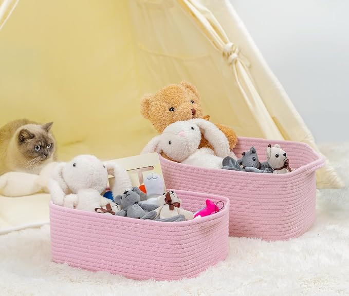 CubesLand Cube Storage Organizer Basket Bin, Cotton Rope Shelves Basket | Durable Woven Rectangular Shelf Basket for Organizing, Nursery Toys Basket, Pink Basket