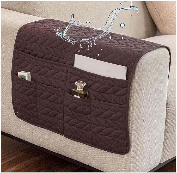 Sofa Armrest Organizer Waterproof Armchair Caddy for Couch Holder Recliner Non Slip with 6 Pockets Magazine Covers Chairs Sofas Arm Twist Pin Furniture Protector Slipcovers(Dark Coffee)