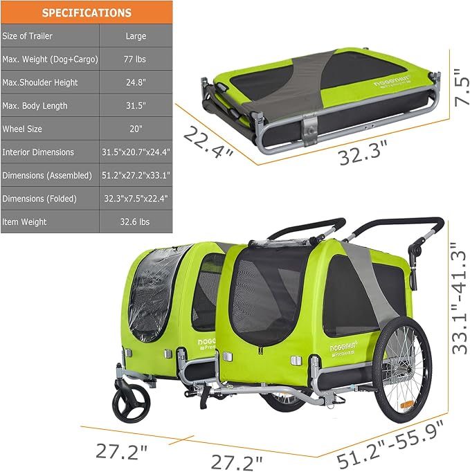 DOGGYHUT® Premium L Pet Bike Trailer & Stroller Up to 77 lbs (Lime Green) | Bicycle Trailer for Small Medium or Large Dogs, Dog Bicycle Carrier, Low Center of Gravity, Folding Frame Cart