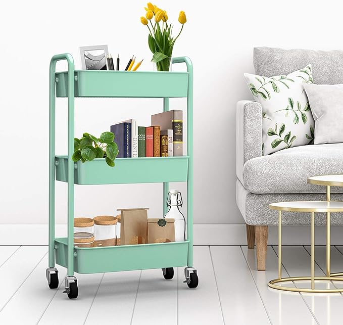 CAXXA 3-Tier Rolling Metal Storage Organizer - Mobile Utility Cart, Kitchen Cart with Caster Wheels (Aqua Green)