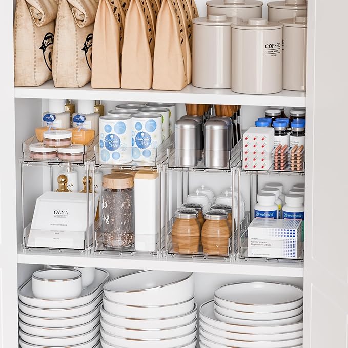 2 Set,2 Tier Pull Out Cabinet Organizer for Supplement and Medication Bottle Organizers,10.4" Deep Pantry Organizers Drawer and Sliding Clear Under Sink Organizer for Bathroom Vanity and Under Counter