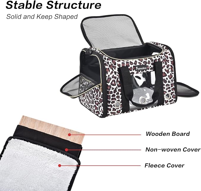 Petmolico Cat Carrier Soft-Sided Airline Approved, Medium, Medium, Leopard | For small/medium cats & puppies up to 16 lbs, 3 open doors, travel-friendly pet bag