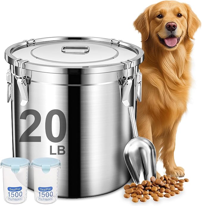 Newget 20lb Airtight Stainless Steel Dog Food Storage Container with Scoop | Large Metal Pet Food Containers Set with Sealed Lid, Metal Lock for Easy Open and Close, Keeps Fresh for Cat / Dog Food