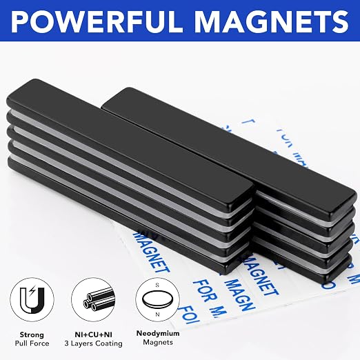 10 Pack Neodymium Bar Magnets with Adhesive Backing 60x10x3mm Black | Fridge Magnetic Strips Refrigerator Blocks Crafts Extra Super Sticky Bar for Science Experiments Classroom Craft Office