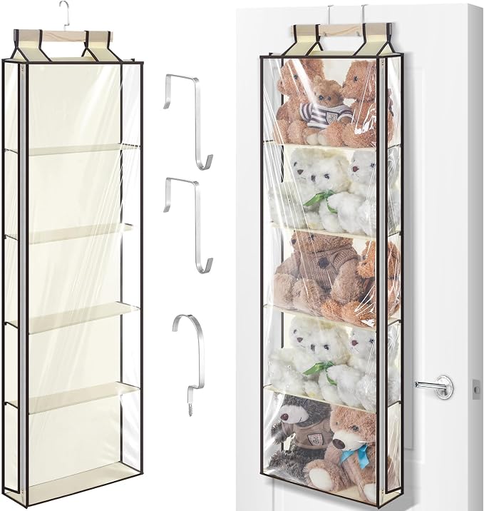 SATINIOR Hanging Stuffed Animal Storage with Zippers Dustproof over The Door Organizer with Large Pockets Different Hanging Methods for Shoes, File(Beige,5 Layer)