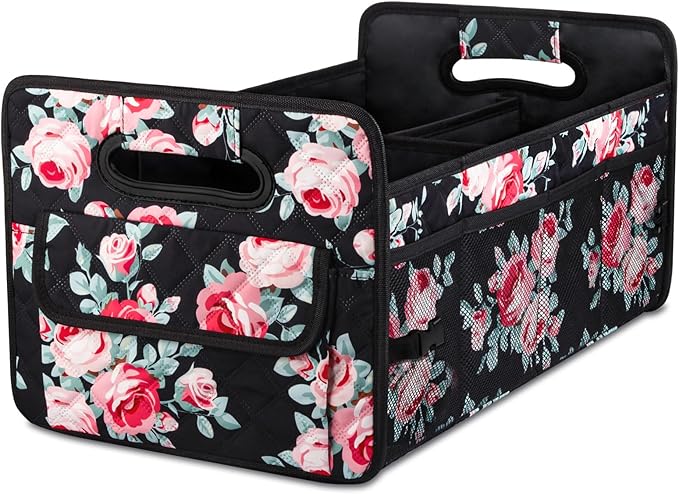 Car Trunk Organizer for SUV, Collapsible Car Storage Organizer Black Floral | Sturdy, Large Capacity, Diamond Decor, Multi Compartment Container Box Adjustable Car Accessories for Sedan Truck