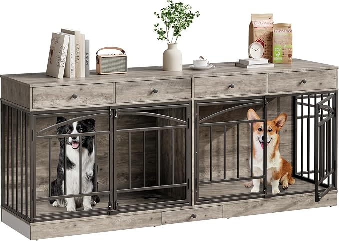 Dog Crate Furniture for 2 Dogs, Double Dog Crate TV Stand, Gray | 78.7'' Large Dog Kennel Indoor, 4 Storage Drawers and Feeding Bowls, Pet Kennel for Small and Medium Dogs