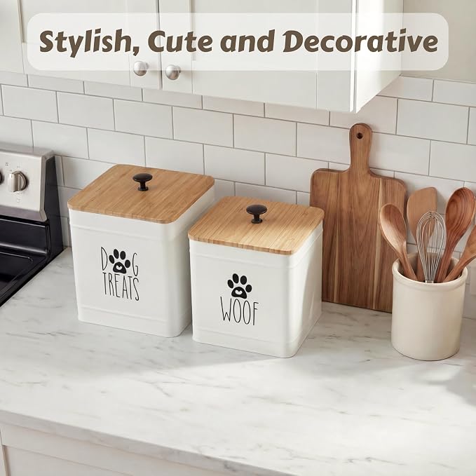 PERFNIQUE Dog Treat Container, Airtight Dog Treat Jar Set of 2, Dog Cookie Jar for kitchen Counter, Pet Treat Container, Dog Treat Canister and Storage, 7.8x6.2 & 7.3x5.5(White)