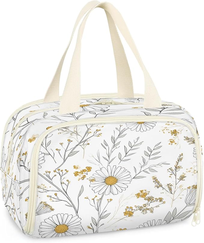 White Daisy Flower Travel Toiletry Bag for Women | Farmhouse Vintage Lightweight Waterproof Makeup Cosmetic Bag Large Tote Organizer for Traveling, Toiletries, Accessories