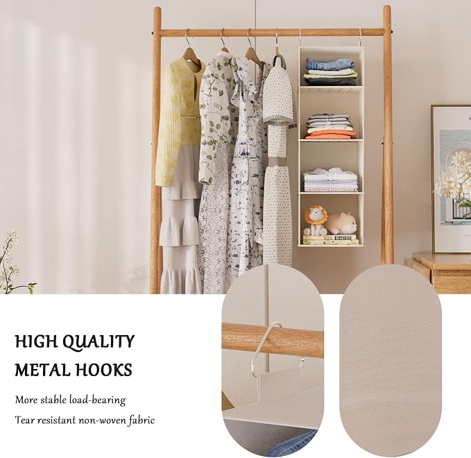 Hanging Closet Organizer with Bamboo Shelves - Foldable Closet Storage for Baby Clothes, Towels, Scarves,Space Saving Shelves Organizer (White)