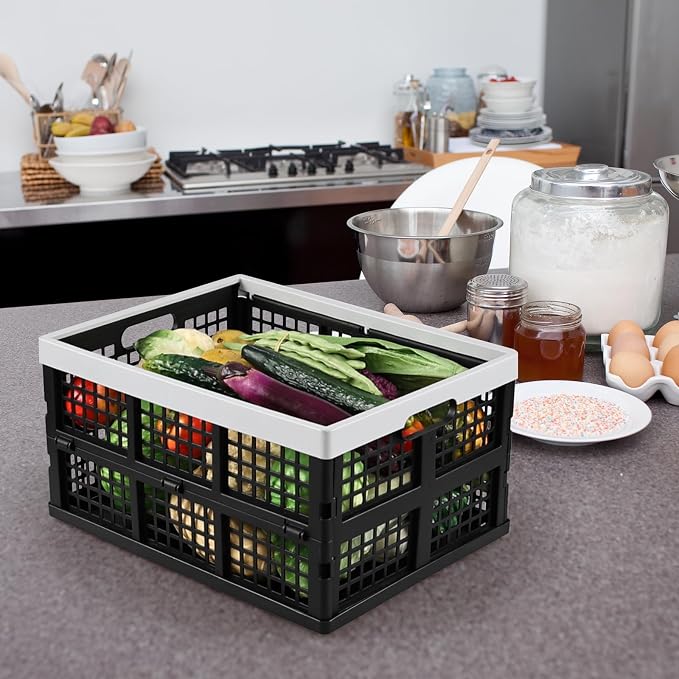 2-Pack 34 L Plastic Collapsible Storage Crates, Stackable Basket Bin | Foldable Milk Crate