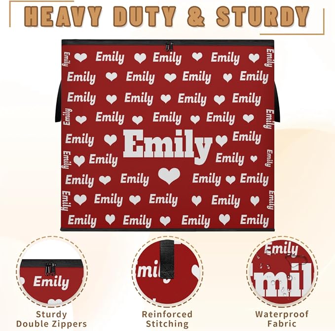Personalized Name Foldable Storage Basket Cubes with Lid, Laundry Hamper Dirty Clothes Pet Toys Storage Bin with Handles for Shelf Home Closet Kitchen, Solid Red Background with Love Heart