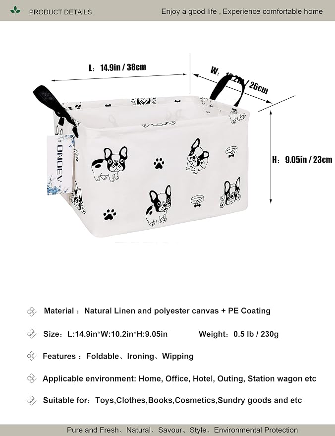 Rectangular Fabric Storage Bin, Foldable Bulldog print Basket | Damp-proof canvas with reinforced stitched handles.Great for clothes,books & sundries in closets,playrooms,laundry rooms.