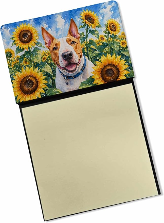 Caroline's Treasures English Bull Terrier in Sunflowers Watercolor Sticky Note Holder Refillable Dispenser Desk Accessory 3x3 Pad Gift