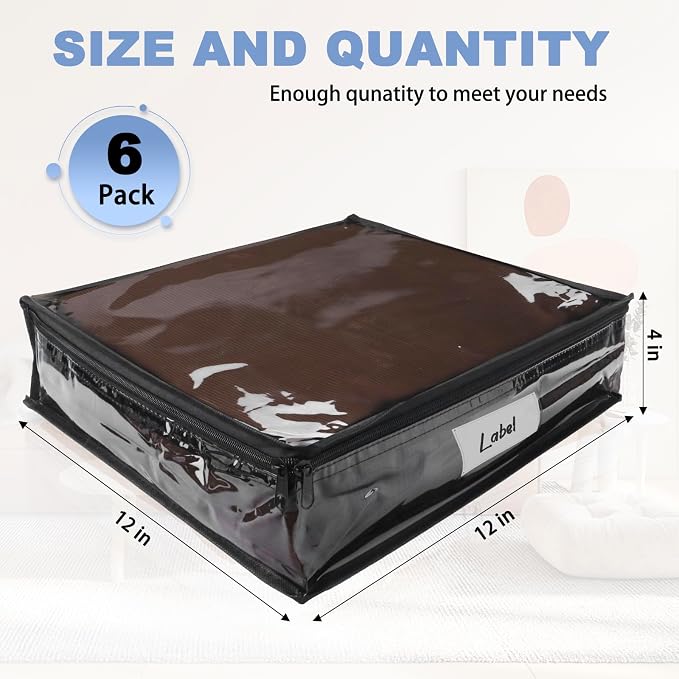 Clear Zippered Plastic Clothes Storage Bags, 6 Pack, Black | Clear Storage Bags with Zipper Plastic Storage Bags for Clothes Sweaters Blankets Sheets, Size: 12 x 12 x 4 Inch