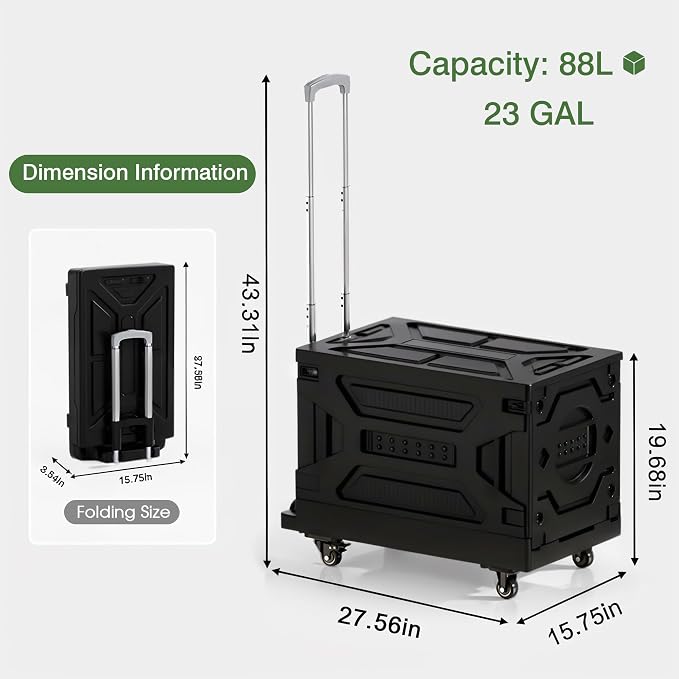 VECELO 23 GAL 2-in-1 Foldable Shopping Cart, Collapsible Utility Cart with Adjustable Handle & 360° Wheels, Dual-Mode Rolling Crate (Basket/Flatbed) for Groceries, Camping, Compact Storage, Black