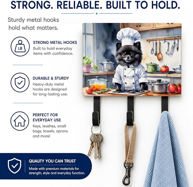 Caroline's Treasures Pomeranian The Chef Leash or Key Holder Wall Hooks, Key Hooks Holder, Coat Rack Wall Mount, Coat Hooks, Hooks for Hanging Keys, Towels, Aprons, Leashes | Pomeranian The Chef artwork on ceramic tile with three steel hooks for keys, ...