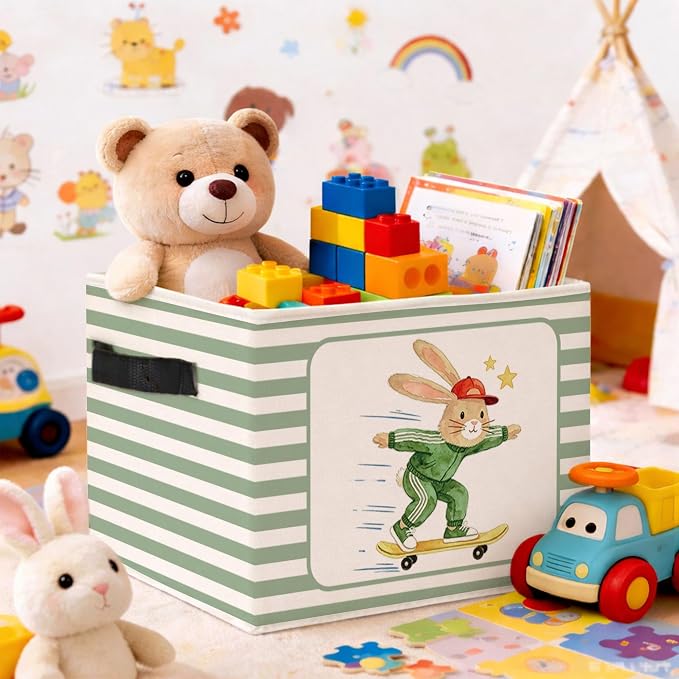 Skateboard Bunny Storage Bin, Foldable Fabric Basket for Kids Room | Foldable fabric storage bin with sport bunny design for toys, books, clothes, nursery, bedroom, and playroom use.