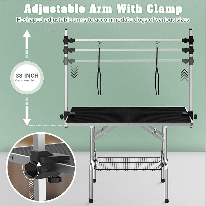 42'' Stainless Steel Pet Dog Grooming Table, Arm/Noose/Tray, Black | Foldable Dog Grooming Table for Dogs at Home, Adjustable Height Arm, Non-Slip Waterproof Tabletop, Capacity 330Lb