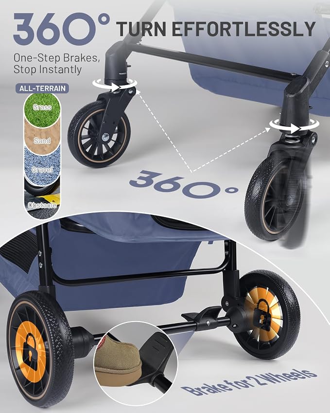 Dog Stroller for Large & Medium Dogs, Pet Stroller for 2 Small Dogs, Extra Large Heavy Duty, Foldable Design, Adjustable Handle, with Pocket, Up to 66lbs(Navy Blue)