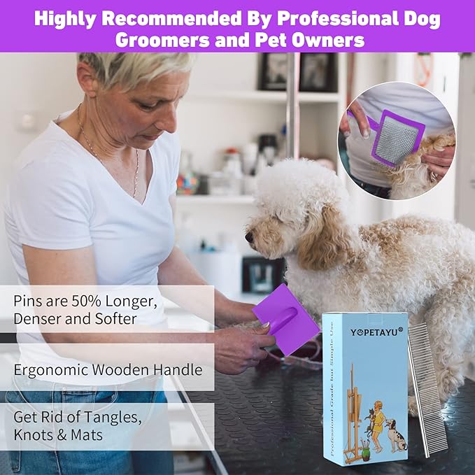 Dog Slicker Brush for Goldendoodles, Poodles & Long Haired Dogs - Long Pin Doodle Brush & Pet Comb Kit Removes Tangles Loose & Knots, Professional Grooming Tools with Wooden Handle, Purple