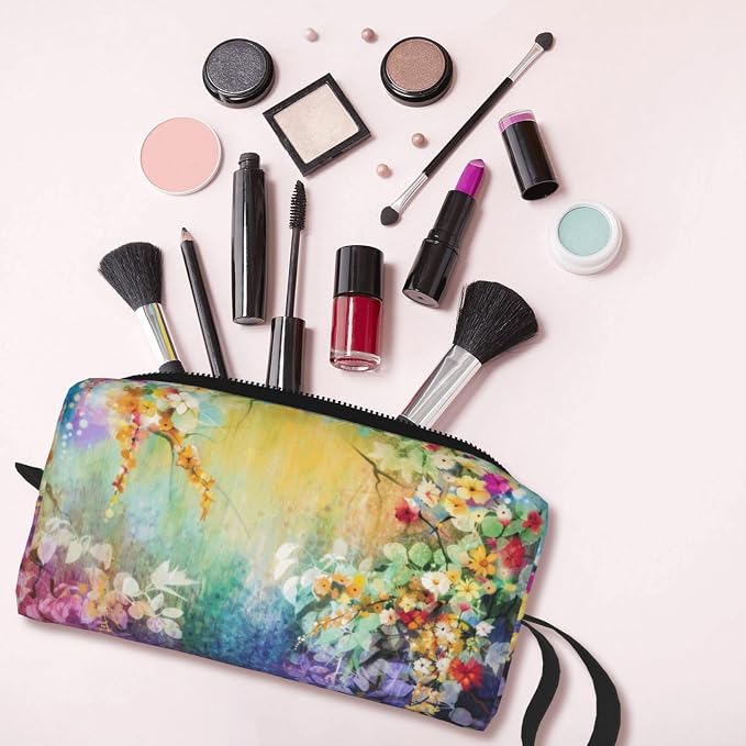 Watercolor Rainbow Flower Makeup Bag for Women | Durable 600D Oxford Fabric, Impact-Resistant & Compact, Travel Cosmetic & Makeup Organizer for Gym & Daily Use