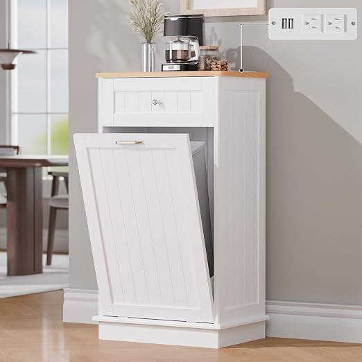 Betterhood Single Tilt Out Trash Cabinet with Power Outlet, Wooden Hidden Garbage Can Holder with a Big Storage Drawers for Kitchen, Living Room, Laundry, White