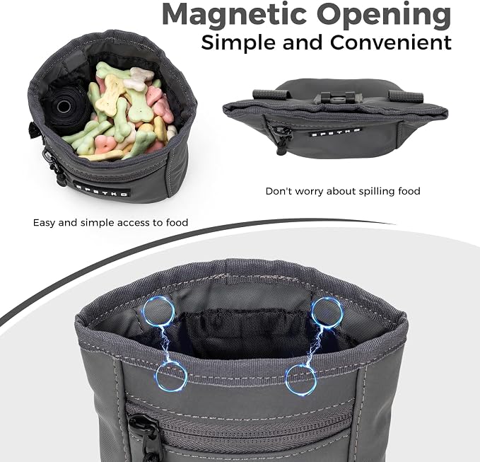 Dog Treat Pouch, Powerful Magnet Closure Device Dog Training Treat Bag Large Capacity Pet Treat Pouch with Poop Bag Dispenser Treat Bag for Dog Training with Metal Waistband Clip (Deep Gray)