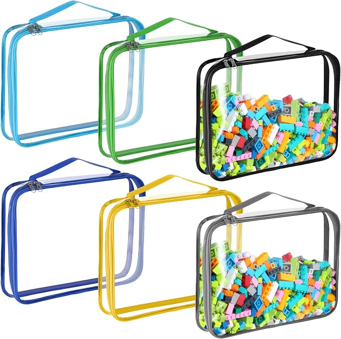 Sanwuta 6 Packs Toy Storage Bags with Zipper,Large,Simple Colors | Clear Waterproof Games Storage， Large Portable PVC Container， Reusable Organizer for Board Games, Building Blocks, Puzzles