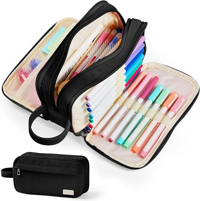 Sooez High Capacity Pencil Case, Soft Corduroy Pencil Pouch | Large Pencil Bag with 4 Compartments, Sturdy Zipper, Cute Pencil Case Pouch Organizer for Student Teen Girls, Black