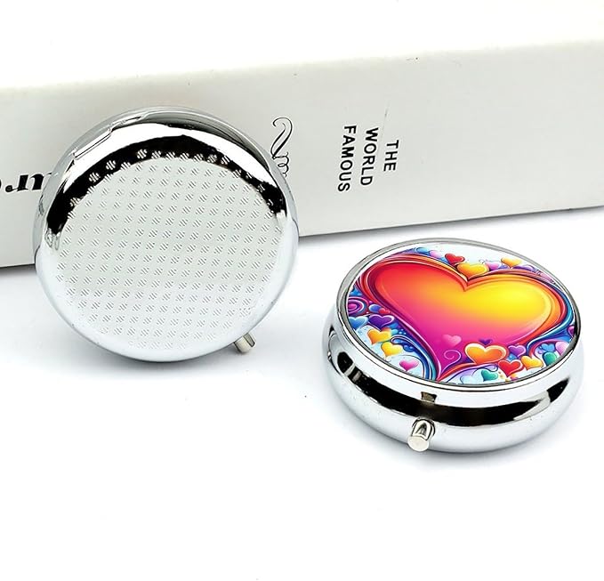 Love Heart Metal Round Pill Box, 3 Compartment Travel Organizer, Portable Pill Container with Secure Latch, 2 Inch Circular Vitamin Caddy for Pills and Vitamins, Gift for Him Her Elderly