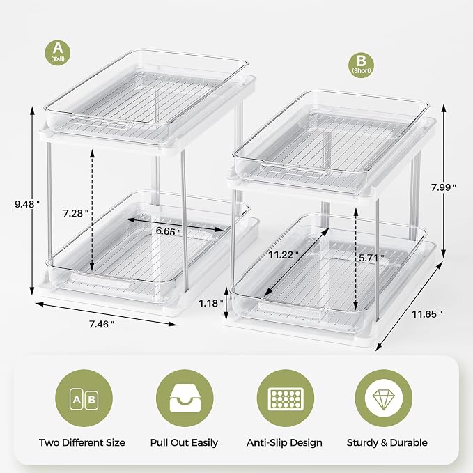 Delamu 2-Tier Bathroom Under Sink Organizers and Storage, Pull Out Cabinet Drawers with Anti-Slip Design, Multi-Purpose Storage for Kitchen, Pantry, Bathroom & Home Organization, White, 2 Pack