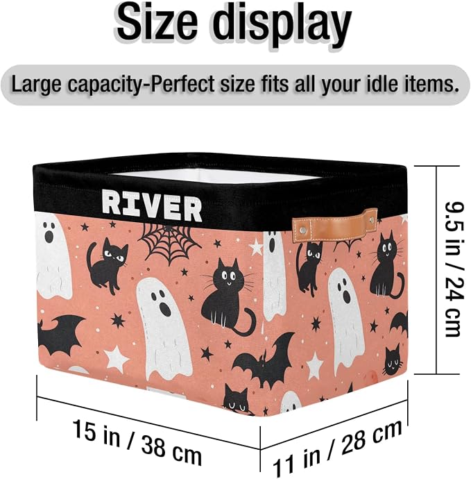 Personalized Dino Storage Basket with Name, Rectangle Toys Storage Bin with Handles for Baby Girls, Collapsible Basket for Clothes, Books, Halloween Spider Wed Ghost Cat Bat