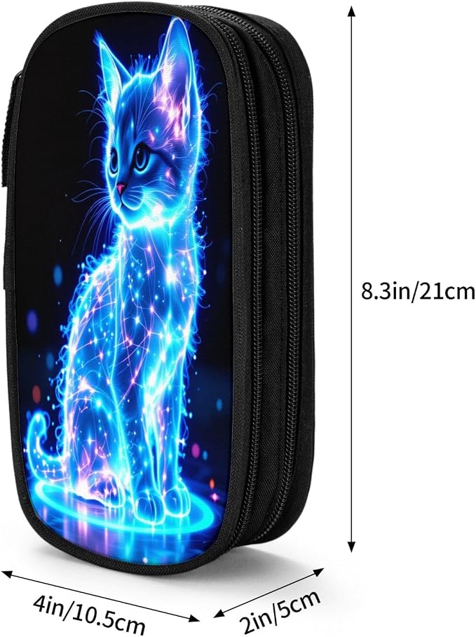 Glowing Cat Pencil Pouch, Oxford Cloth Pen Case With Double Zipper Compartments, Portable Stationery Organizer For Office Supplies, Travel Accessories Makeup Items