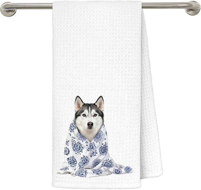 Blue Chinoiserie Siberian Husky Kitchen Towels 16x24 in, Gifts for Husky Lovers, Grandmillennial Floral Blanket Dog Decorative Hand Tea Dish Towels for Bathroom Kitchen