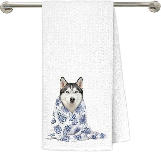 Blue Chinoiserie Siberian Husky Kitchen Towels 16x24 in, Gifts for Husky Lovers, Grandmillennial Floral Blanket Dog Decorative Hand Tea Dish Towels for Bathroom Kitchen