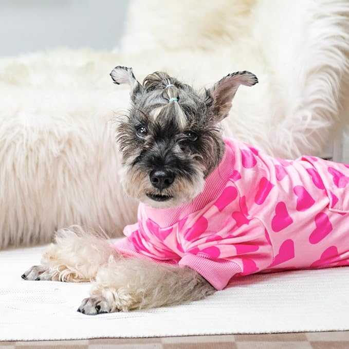 PUPTECK Soft Fleece Pink Heart Dog Pajamas for Small Medium Dogs, Dog Onesie Puppy Sweaters Clothes Jumpsuit Pjs, Cute Jammies Cat Coat Pet Costume Apparel