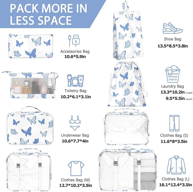 KPX 8 Set Packing Cubes for Travel, Luggage Packing Organizers Accessories Large Toiletries Bag for Clothes Shoes Cosmetics (8Set-Butterfly)